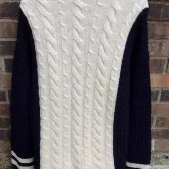La Ligne XL Merino Wool Cable Knit Cardigan Shawl Collar Navy Cream NWOT - Picture 6 of 8